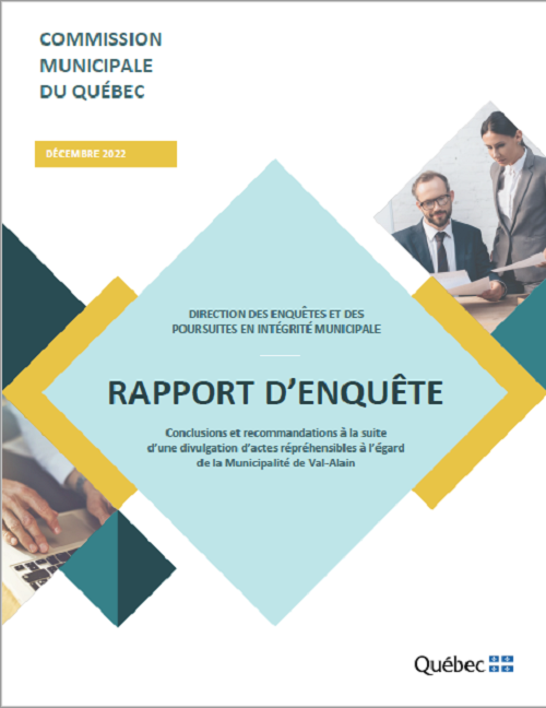 Télécharger le document Conclusions et recommandations à la suite d’une divulgation d’actes répréhensibles à l’égard de la Municipalité de Val-Alain au format PDF dans une nouvelle fenêtre